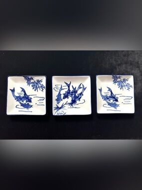 World Market Ceramic Blue and White Wabi Sabi Square Plates set of 3